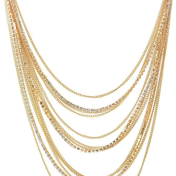 Waterfall Multi-Strand Chain Necklace Alloy Rhinestones Statement Jewelry - Picture 1 of 6